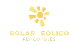 Logotipo dorado: diseño de rayos de sol sobre el texto “Solar Eólico Renovables” en dorado.