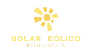 Logotipo dorado: diseño de rayos de sol sobre el texto “Solar Eólico Renovables” en dorado.