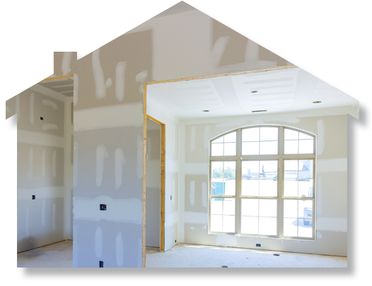 An empty room with a window in the shape of a house