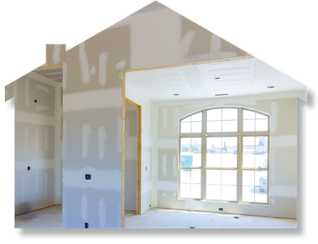 An empty room with a window in the shape of a house