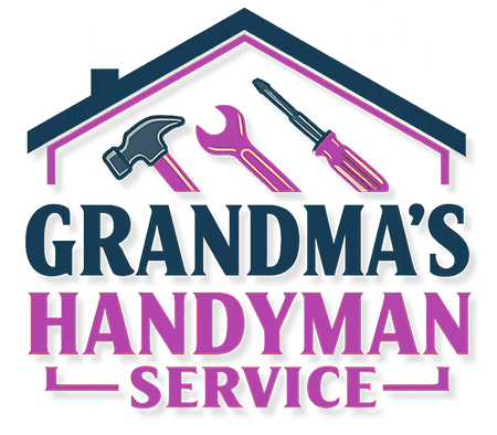The logo for grandma 's handyman service shows a house with a hammer , wrench , and screwdriver.