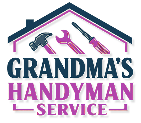 The logo for grandma 's handyman service shows a house with a hammer , wrench , and screwdriver.