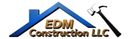 Logo for EDM Construction LLC: blue house outline, brown text, and hammer.
