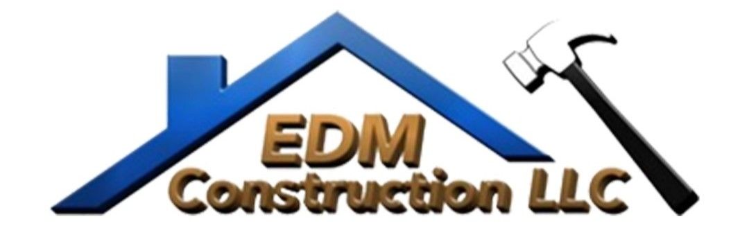 Logo for EDM Construction LLC: blue house outline, brown text, and hammer.