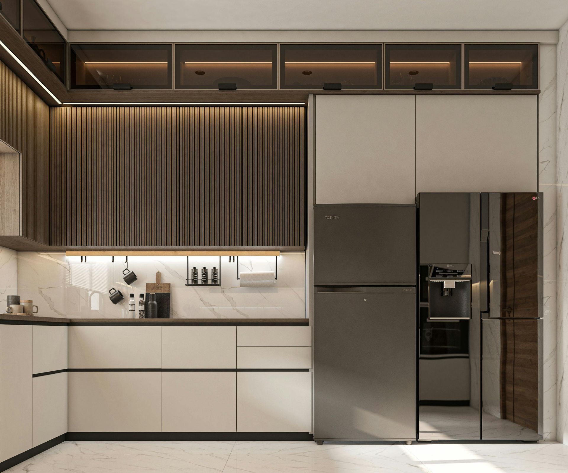 Modern kitchen with white and wood cabinetry, black refrigerator, and stainless steel appliances.