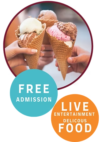 People holding ice cream cones; event with free admission, live entertainment, and delicious food.
