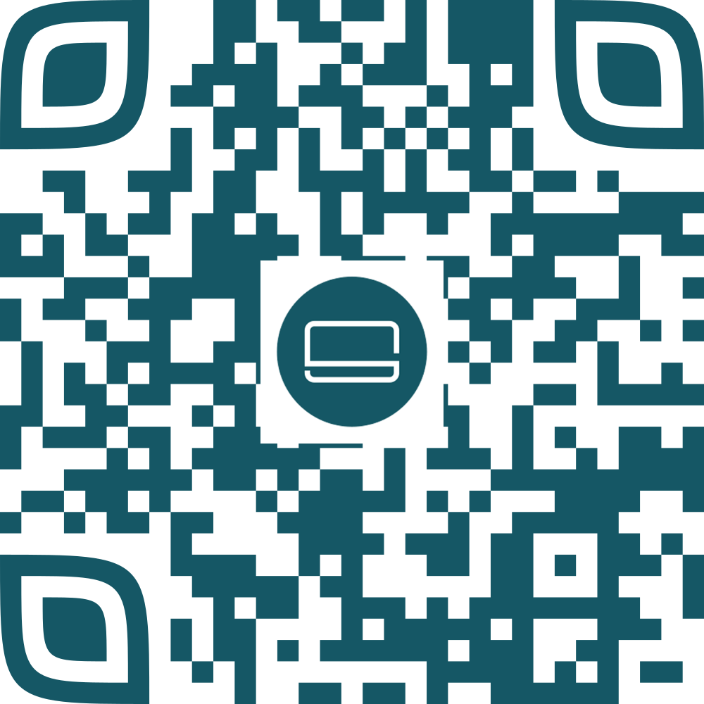 QR code with teal squares and a centered icon of a laptop.