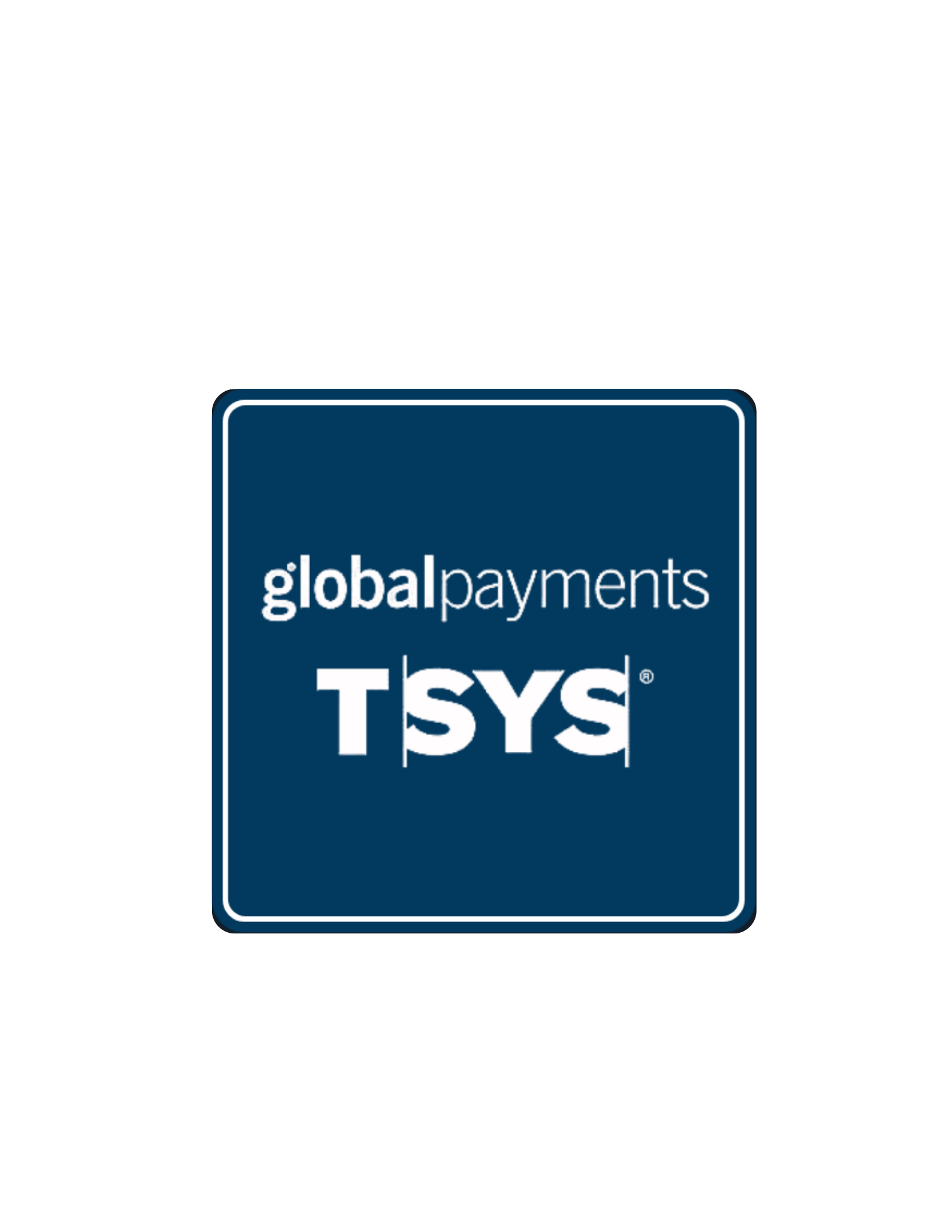 Global Payments and TSYS logo, blue square with white text.