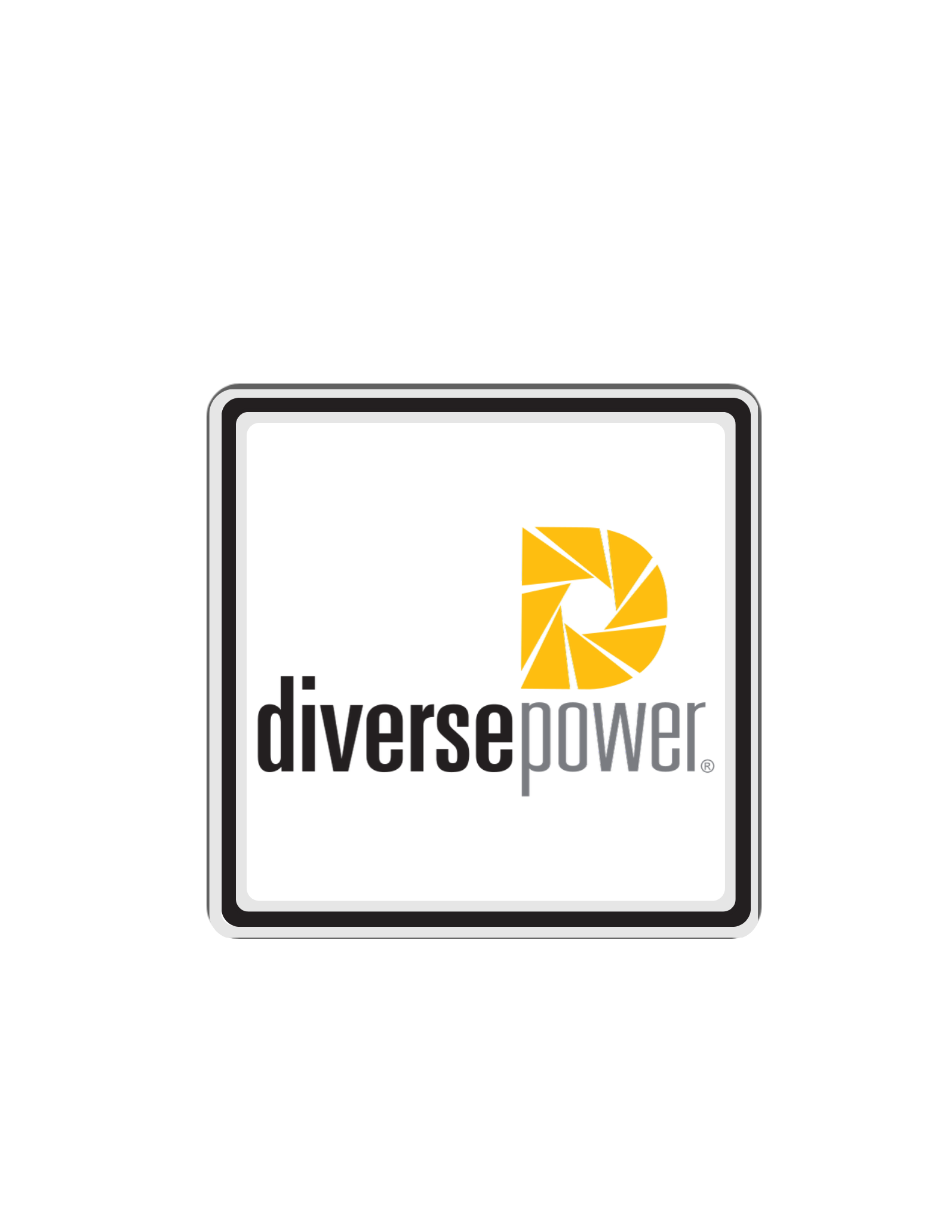 Logo for Diversepower, featuring a yellow aperture design inside a black square, the name below.