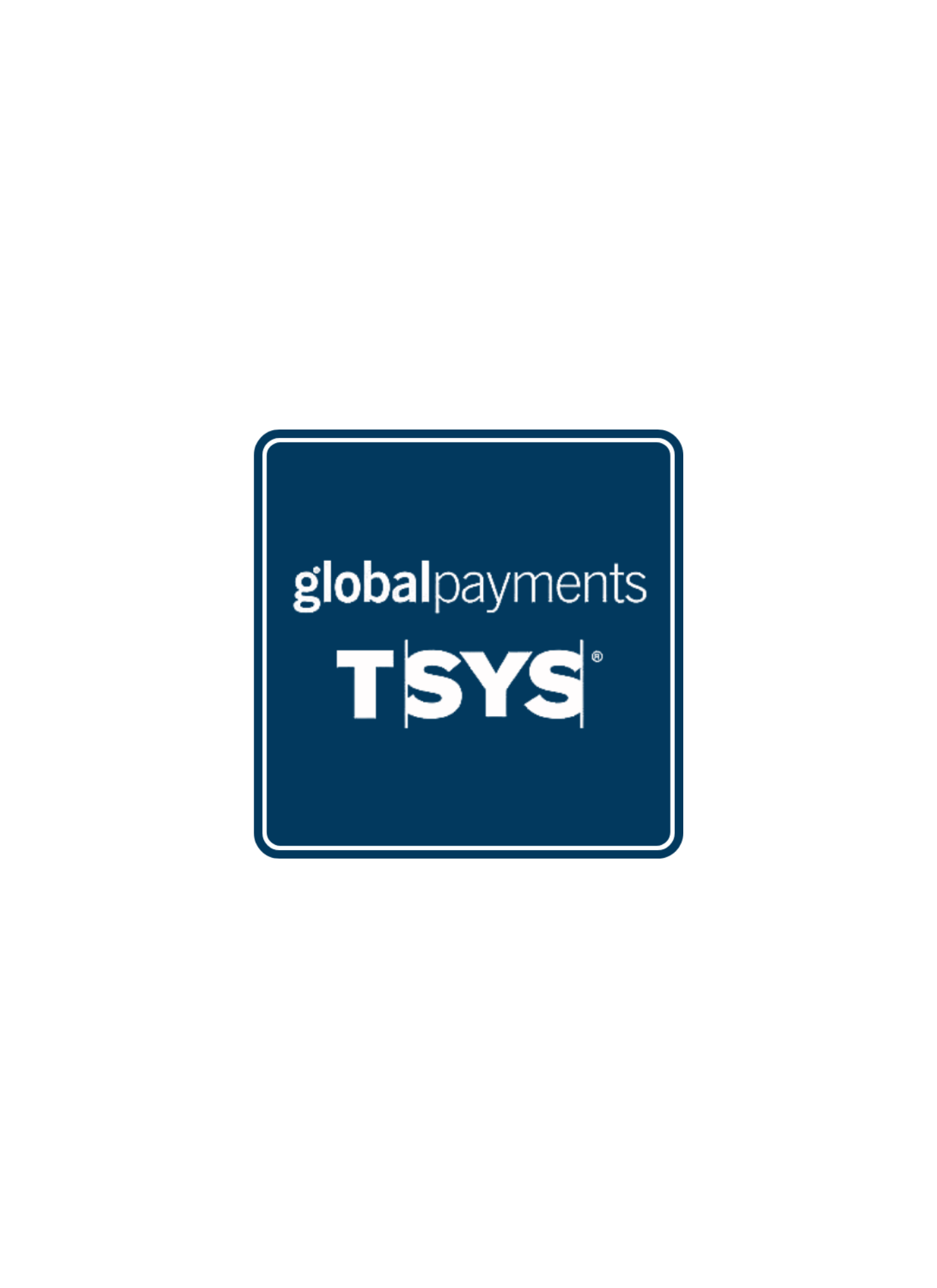 Global Payments and TSYS logo, blue square with white text.