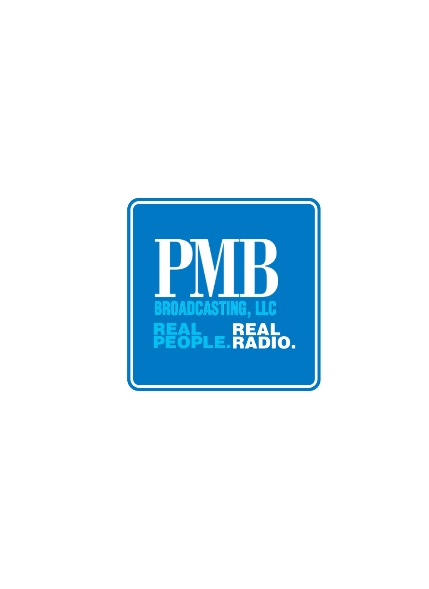 Logo of PMB Broadcasting, LLC, a blue square with white text: