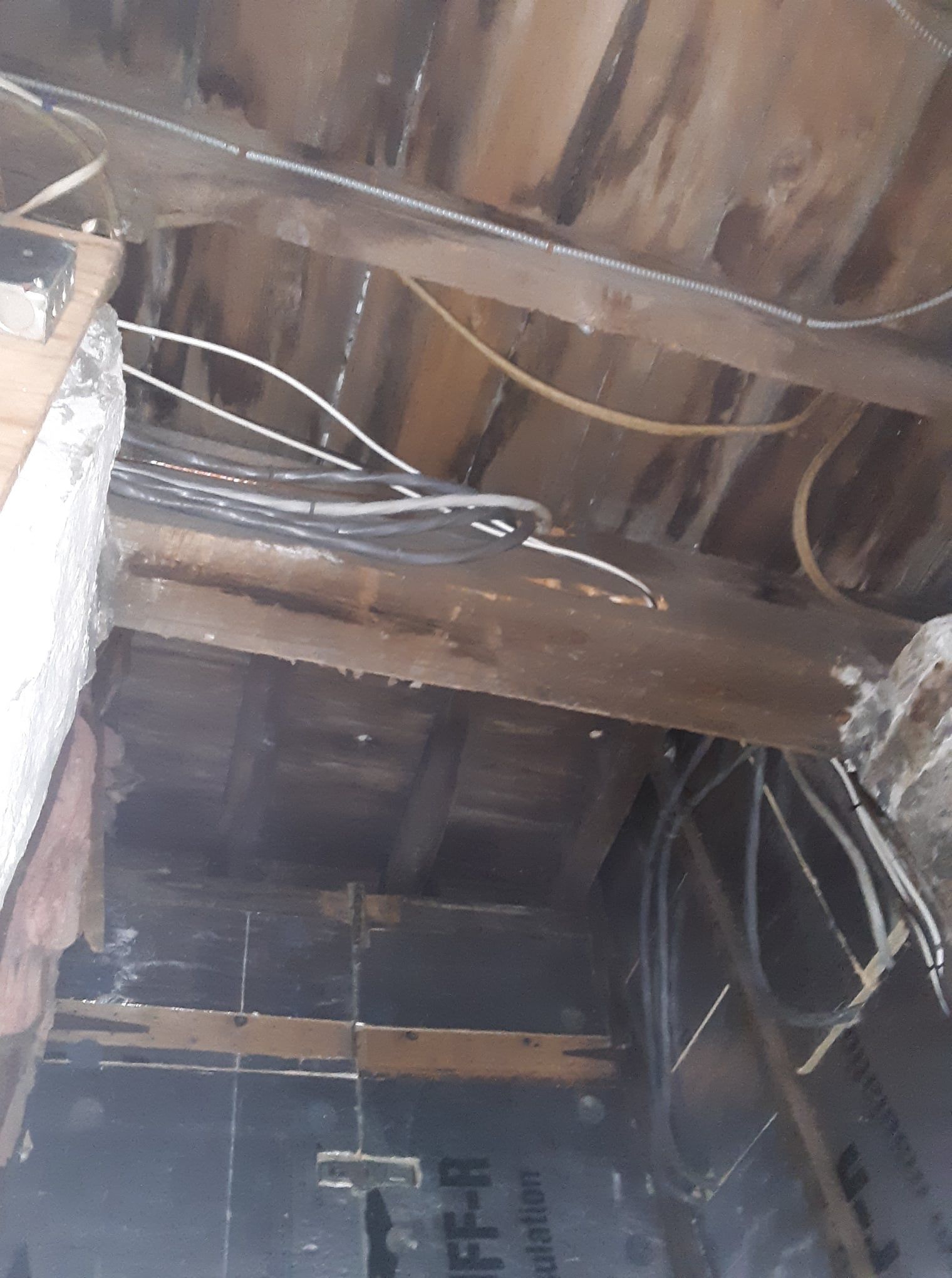 A room with a lot of wires hanging from the ceiling.