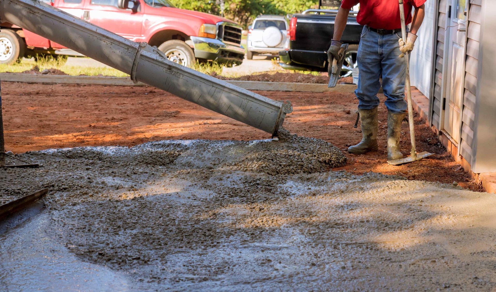 Concrete Workers Pouring Concrete Driveway In Texas