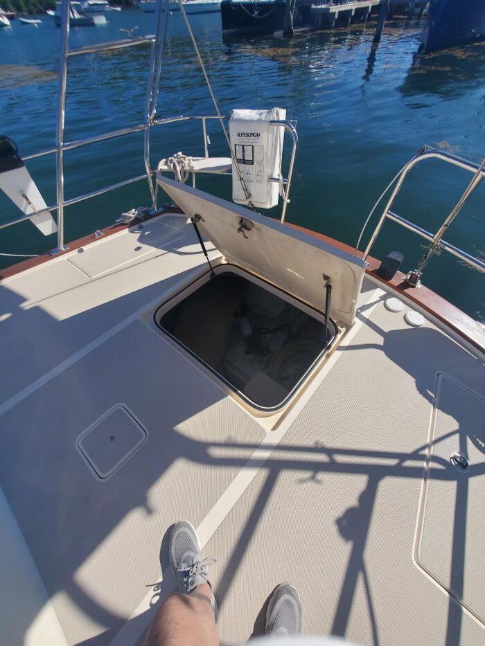 A person is standing on the deck of a boat with the door open