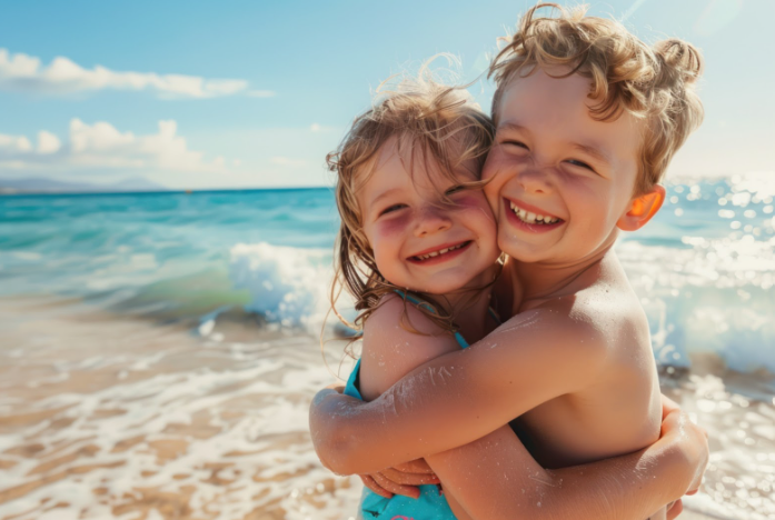 A boy and a girl are hugging each other on the beach.