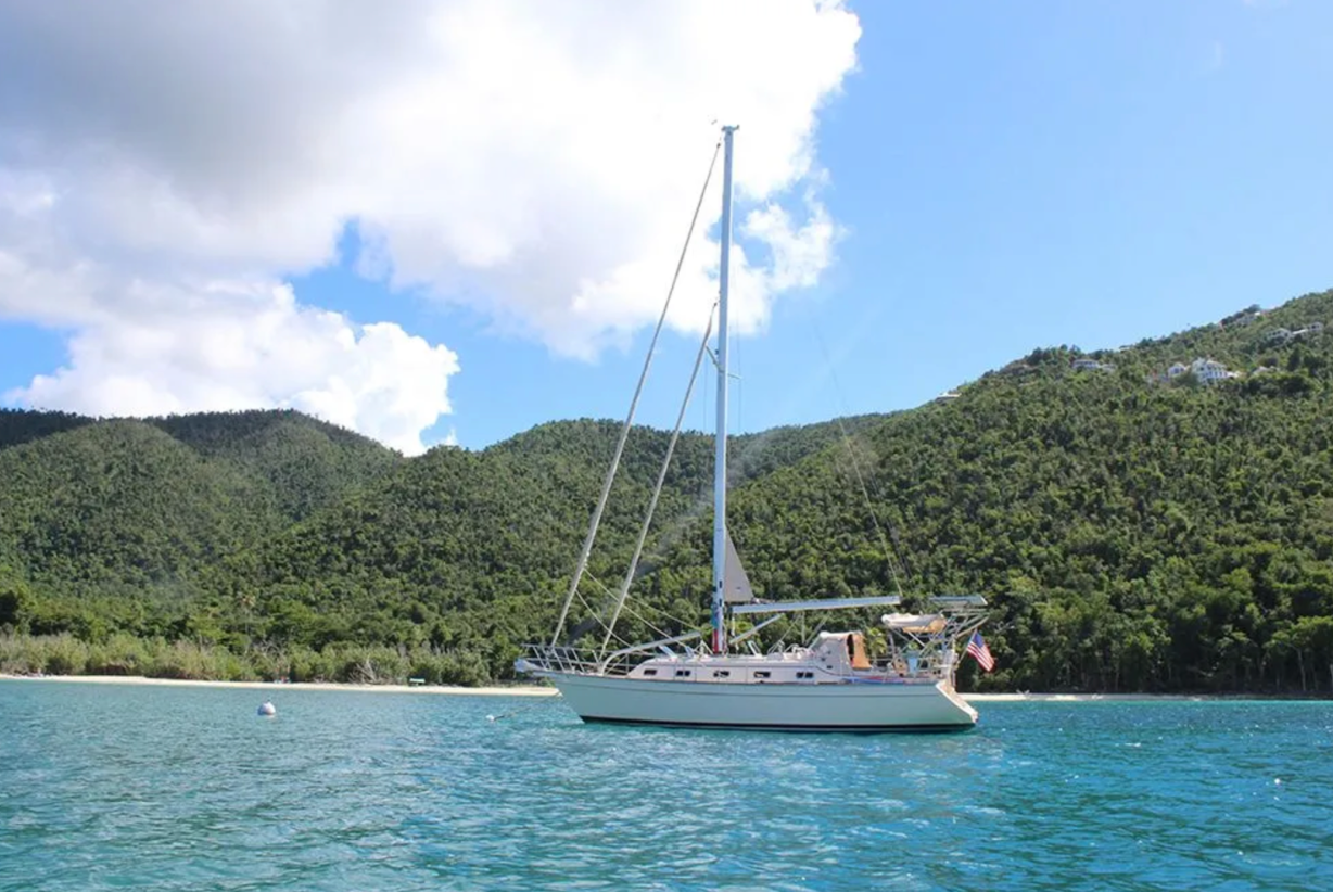 Yacht sailing through blue waters of Virgin U.S Islands