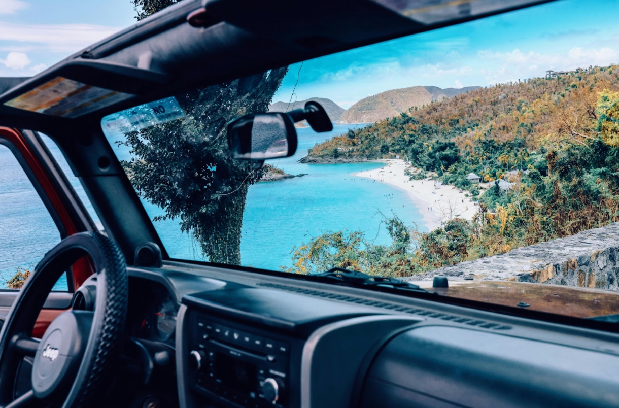 View from inside Jeep looking at the US Virgin Island of St.John