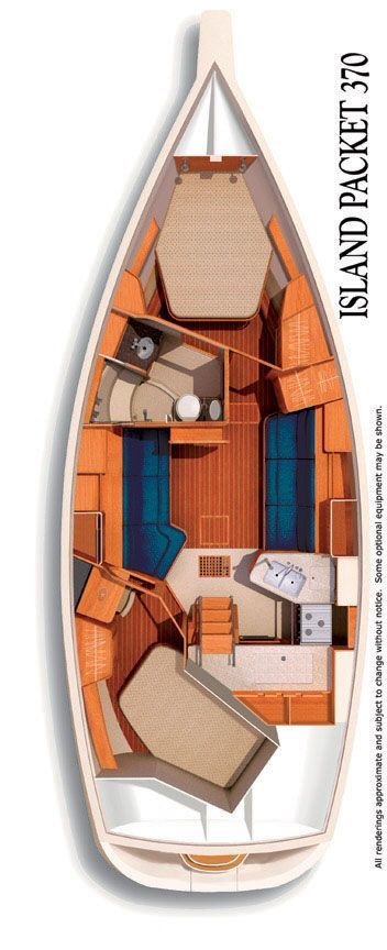 Top-down view of an Island Packet 370 sailboat layout. Interior has wood paneling, seating and beds.