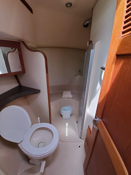 A bathroom with a toilet and a shower