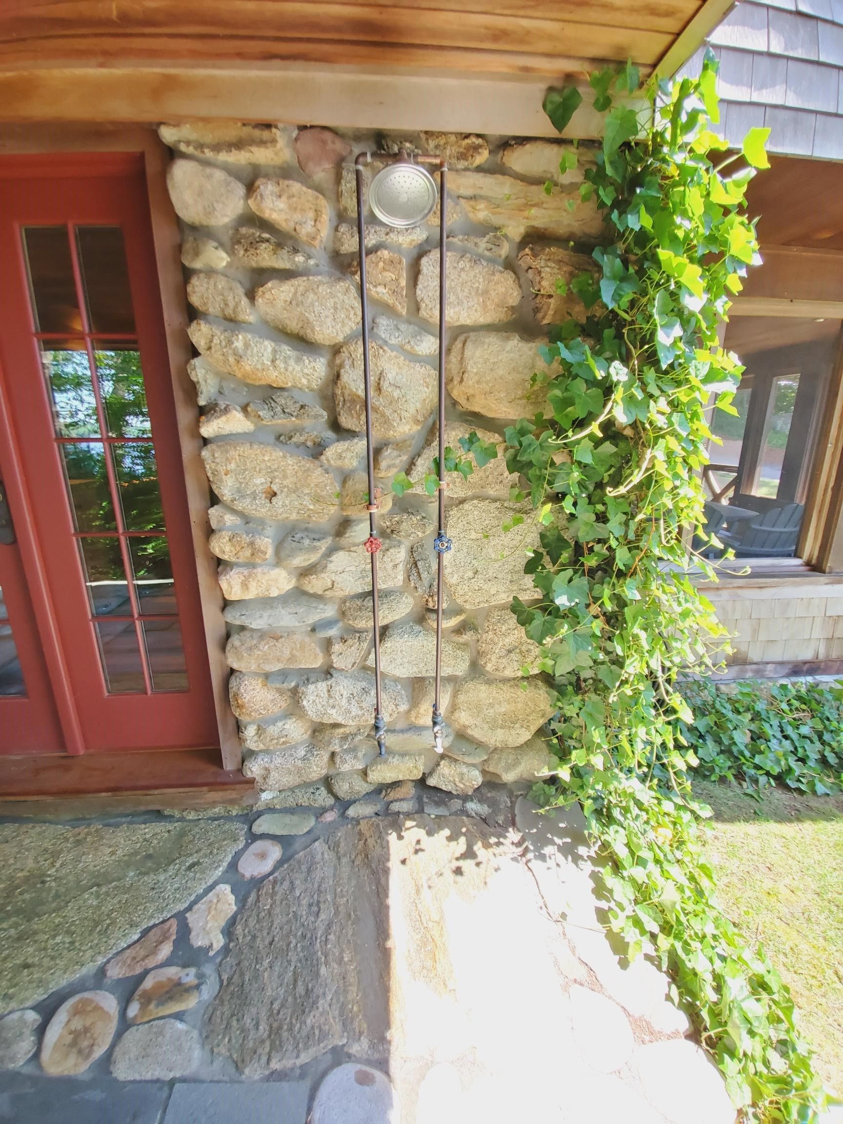 Stone wall with red door and ivy, metal bar for vines, and a round light.