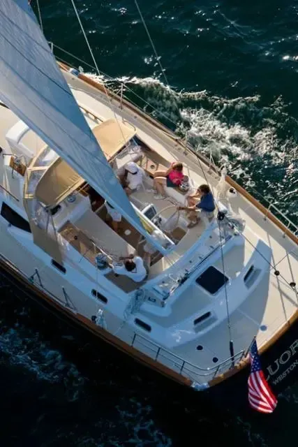An aerial view of a sailboat in the ocean