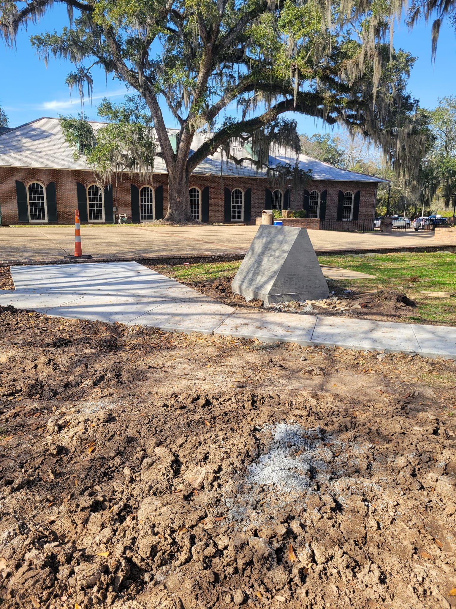 A large tree is in the middle of a dirt field in front of a house.