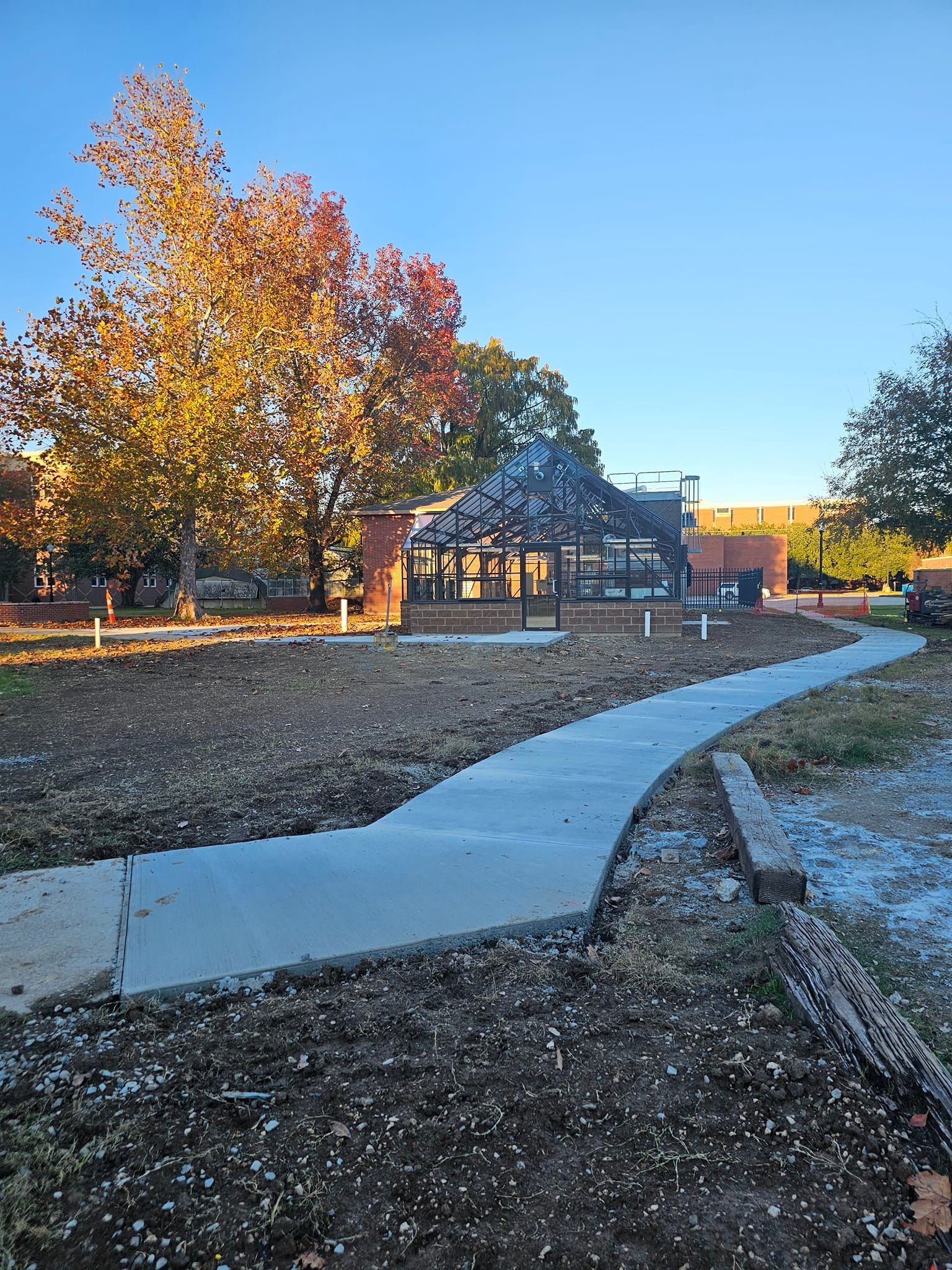 A concrete walkway leading to a gazebo in a park.