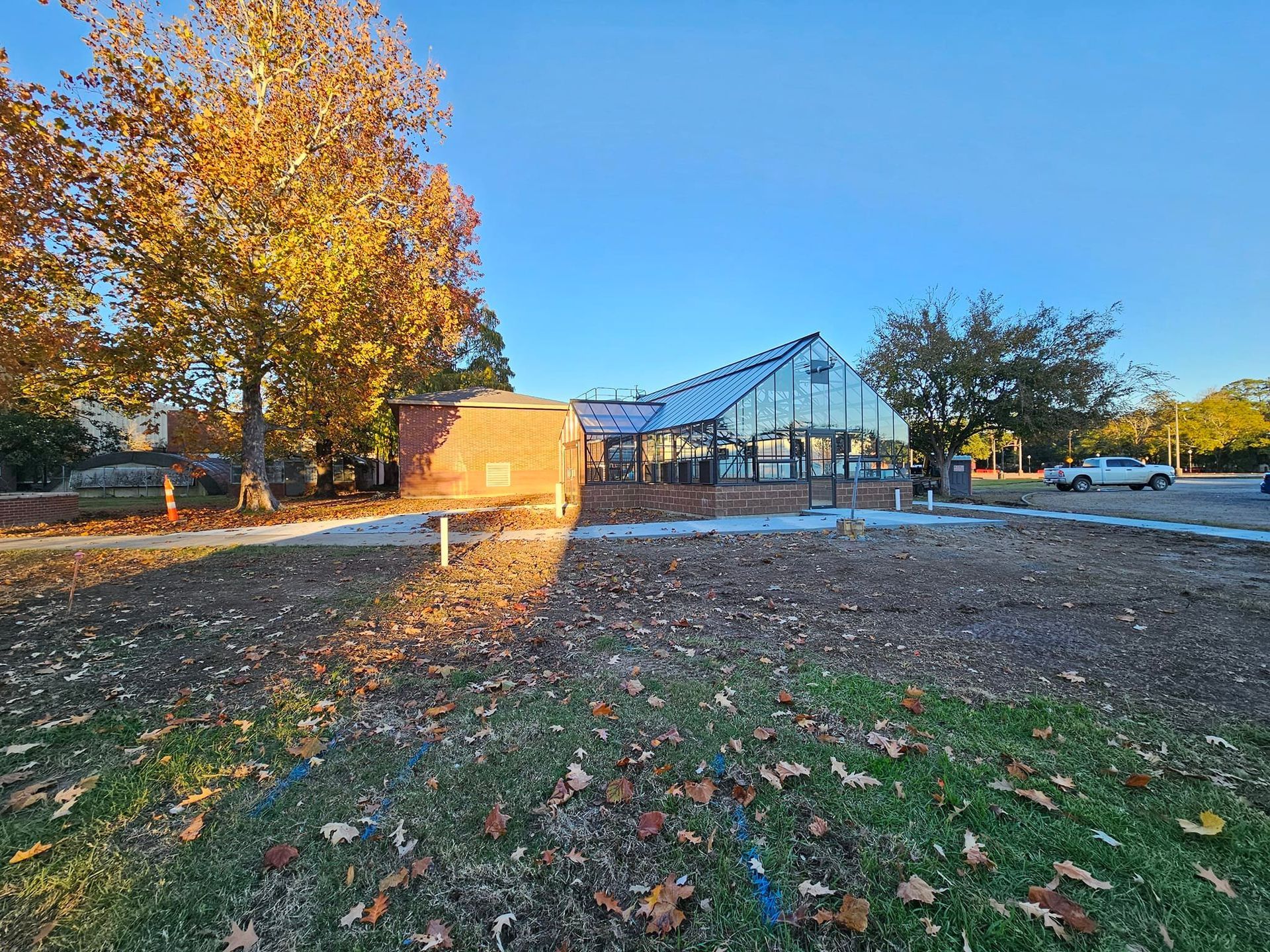 A greenhouse is being built in a park with a lot of leaves on the ground.