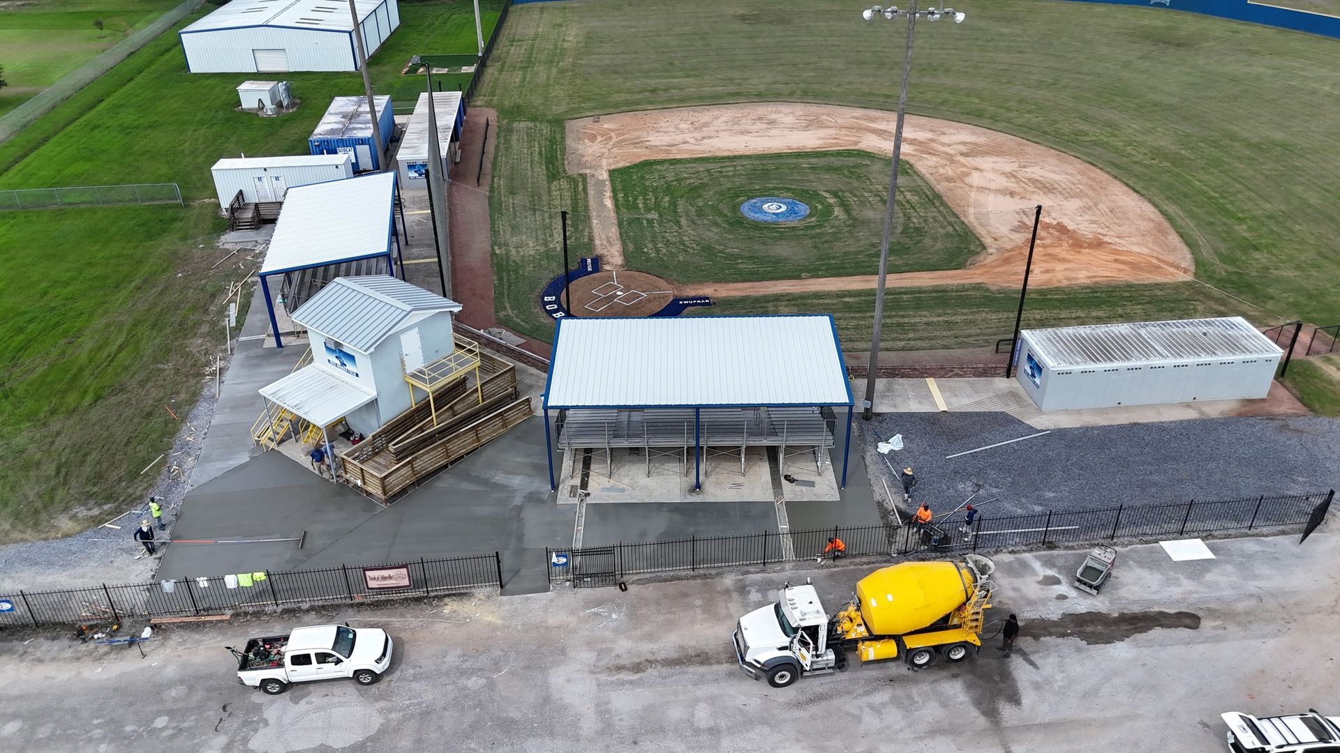 An aerial view of a baseball field being built