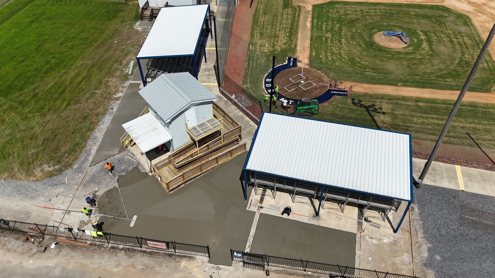 An aerial view of a baseball field under construction.