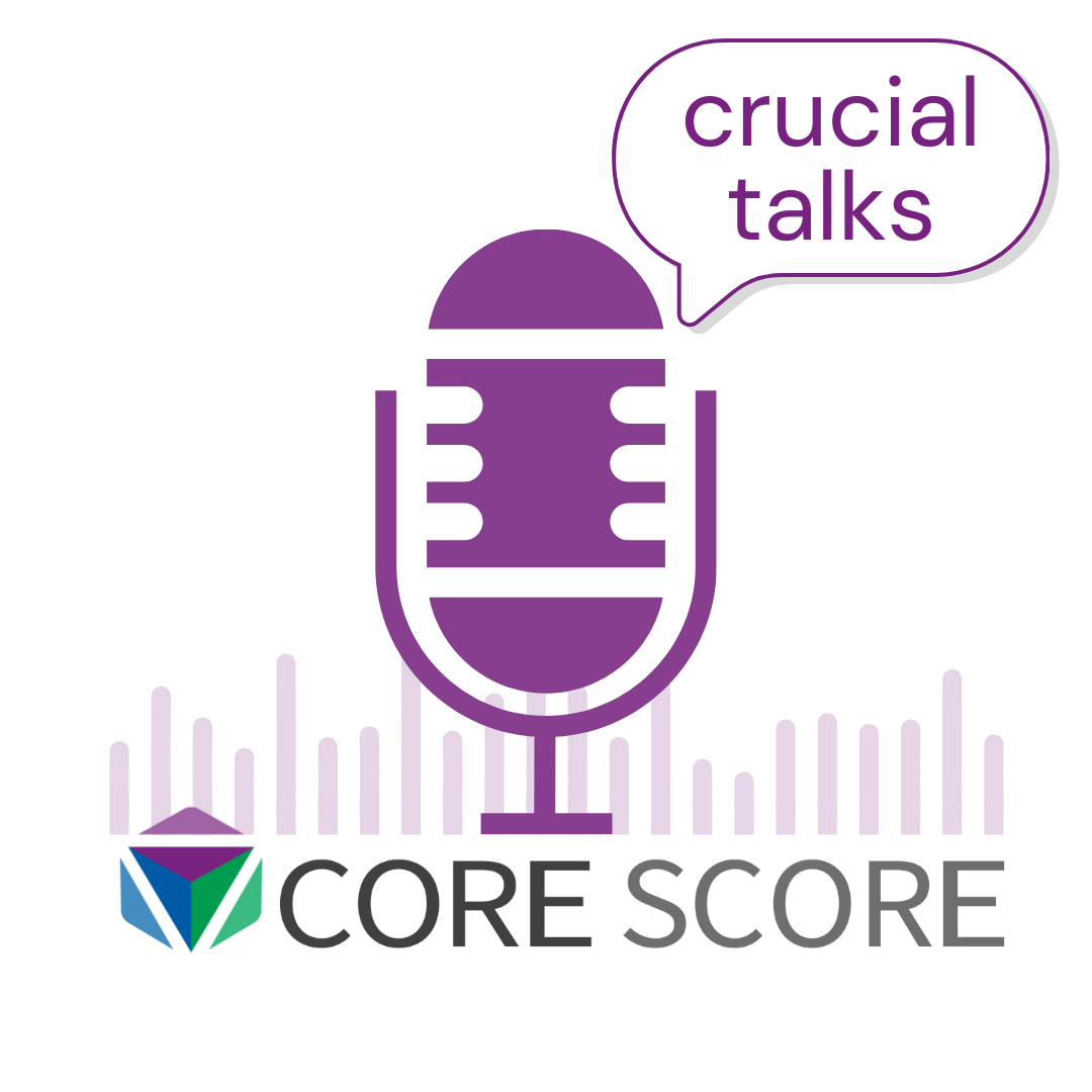 CoreScore Logo with Microphone with Crucial Talks Text 