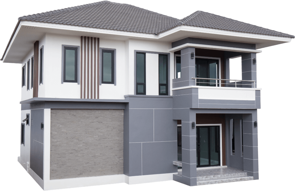 Two-story modern house with grey and white exterior, grey roof, and large windows.