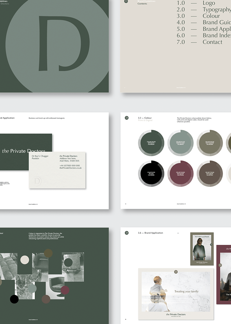 Mood board with green and beige branding elements, typography, color swatches, and mockup layouts