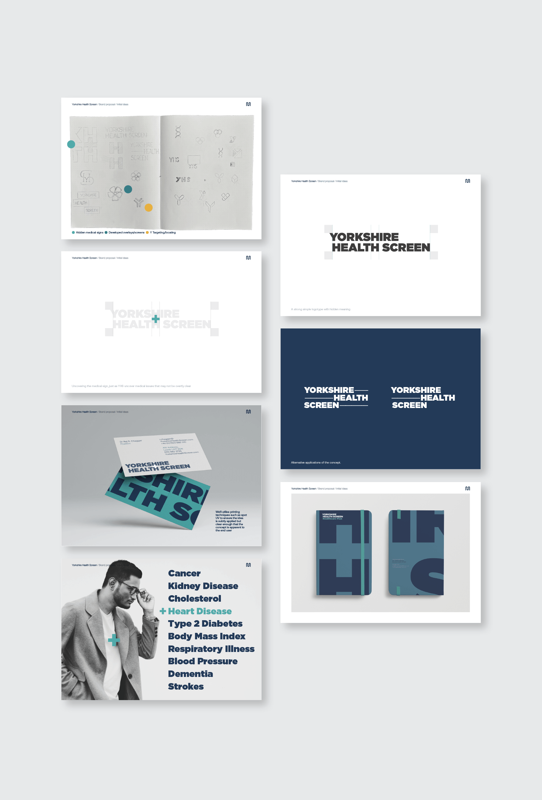 Collage of six minimalist design mockups on white, blue, and gray backgrounds with text and photo elements