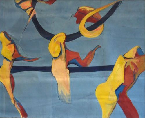 Abstract painting with yellow, orange, and red shapes on a blue background