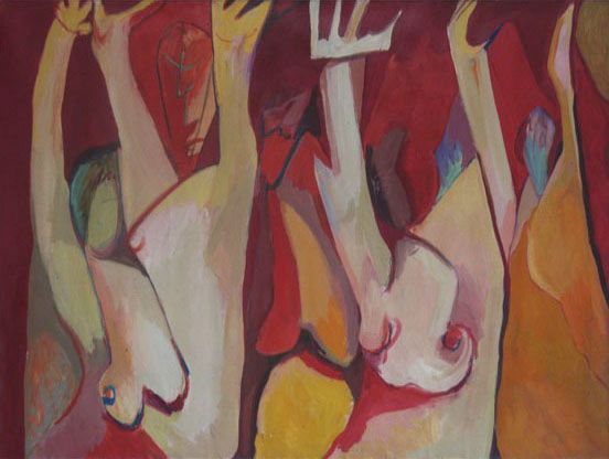 Abstract painting of figures in red