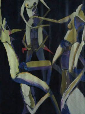 Abstract figures, mostly nude, in motion, with blues