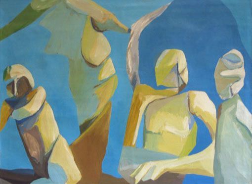 Figures with geometric features in yellow and blue hues.