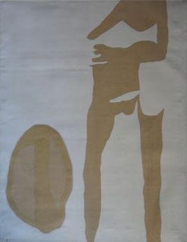 Abstract figure with one outstretched arm, standing near a rounded shape