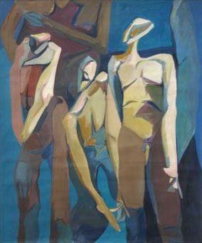 Abstract painting of figures in blues, browns, and yellows