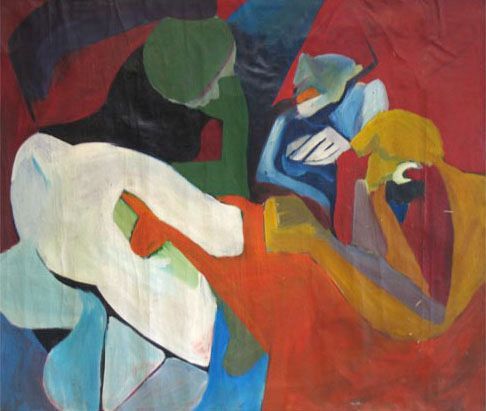 Abstract painting with figures in blues, greens, yellows and reds