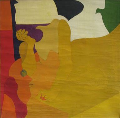 Abstract painting of reclining figure in yellow, with colorful geometric shapes