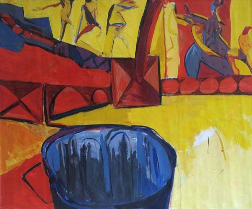 Abstract painting with yellow, red, and blue shapes