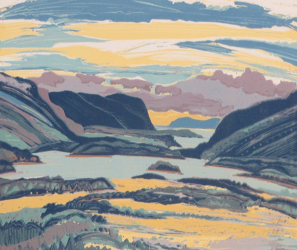 Landscape with mountains, water, and sky in blue, yellow, and purple hues