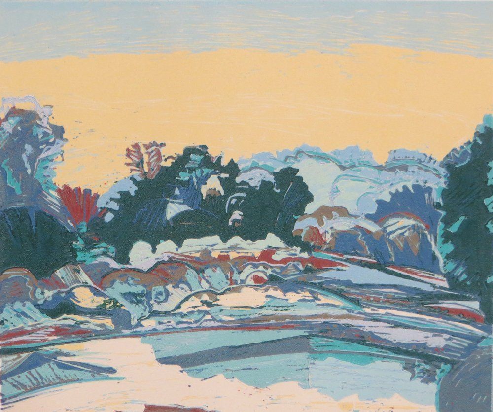 Landscape painting of trees and water