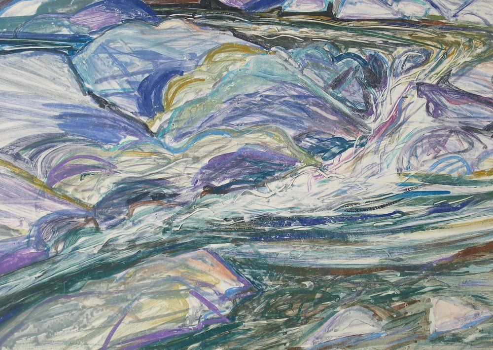 A pastel drawing of a rushing river with blue, green, and purple hues, and visible rocks