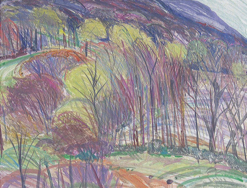 Colorful pastel drawing of a wooded hillside 
