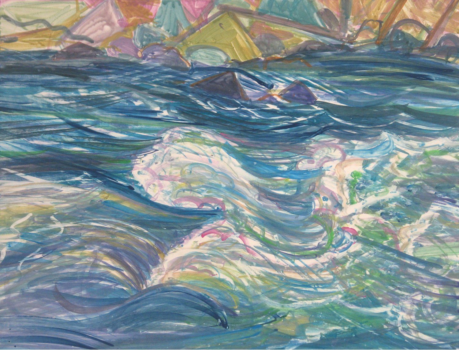 Rough ocean waves crashing, blue and white with colorful accents