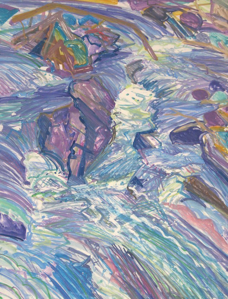 Abstract painting of a rushing river with blue, purple, and white strokes