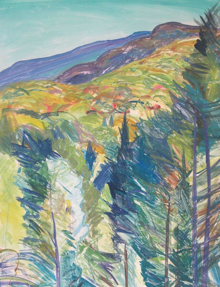 Green and blue watercolor of a mountain landscape